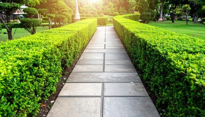 Obraz premium Walking path through lush green hedges in a scenic park nature scene bright early morning light