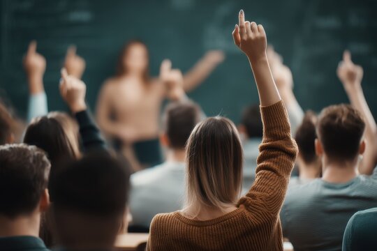 Im Unterricht steht eine Lehrerin oder ein Dozent vor einer Tafel und unterrichtet Sch&uuml;ler, die sich melden und in einer Klasse oder Schule lernen