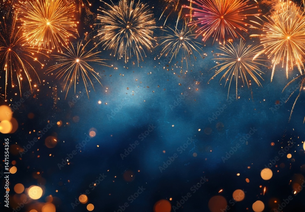 Poster spectacular fireworks display against a dark blue night sky, with golden sparks and bokeh lights cre