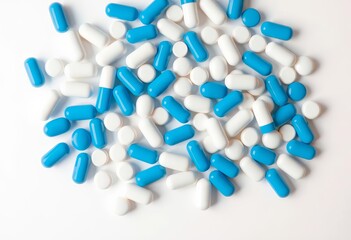 Overhead shot of assorted white and blue pills on a pristine white surface, painkiller, health