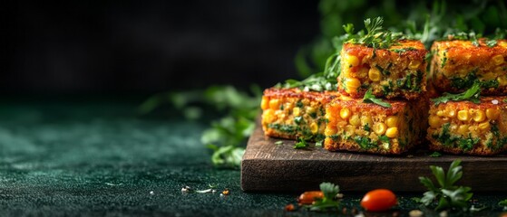 Stacked corn cakes topped with fresh greens.