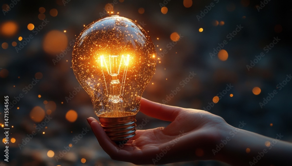 Aufkleber a hand gently cradles a glowing incandescent light bulb, sparkling with golden particles against a d