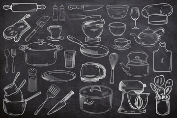 Various of kitchen tools seamless set on black background. Sketch of kitchen utensils on chalk board. Line art of tableware on black board © Wiwi