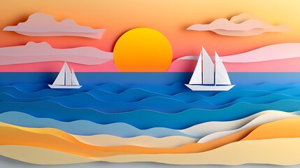 Sunset Sailboats Paper Art Seascape.