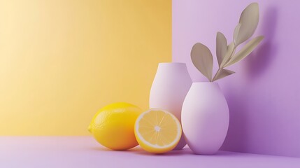 Lemons with vases, and pastel background.
