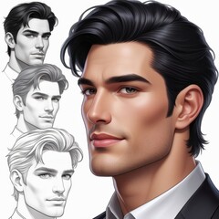Fototapeta premium Evolving Elegance: The Artistic Journey from Sketch to Masterpiece Revealing the Digital Creation Process of a Sophisticated Male Portrait with Meticulous Detail and Refined Definition