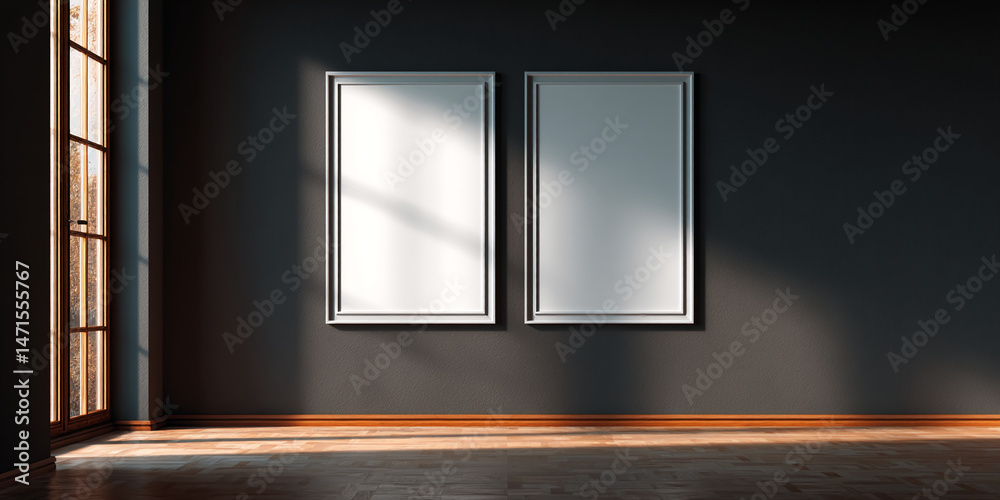 Poster Empty white frames on dark wall, sunlight streams through window onto hardwood floor, creating a minimalist, modern interior scene ideal for showcasing art or design