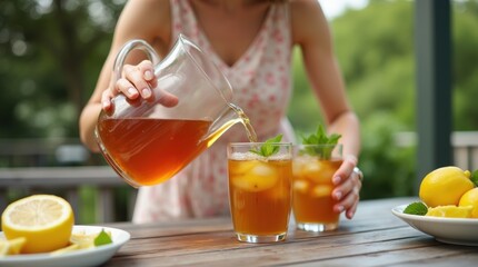 Woman serving refreshing sweet tea on sunny patio


