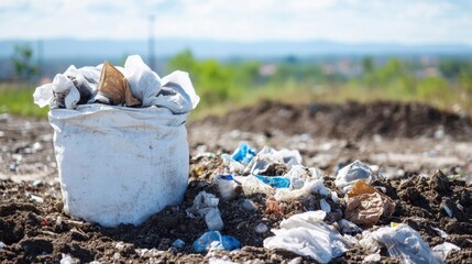 Obraz premium A white burlap sack overflows with plastic waste, situated amidst a pile of discarded trash on soiled ground, against a blurred rural backdrop. : Generative AI
