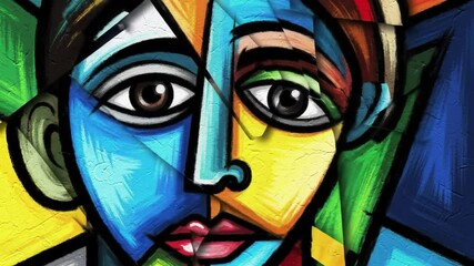 This striking piece showcases a colorful abstract portrait with vibrant hues and geometric shapes. Located in an urban art space, the mural captivates passersby with its bold design and depth. - Powered by Adobe