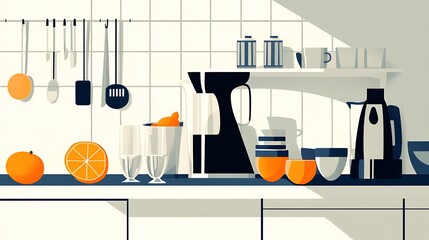 Sunny Kitchen with Fresh Oranges, and Breakfast.