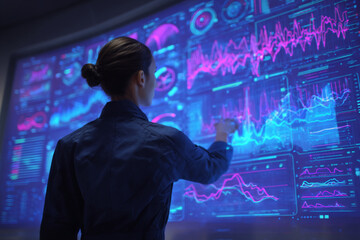 Woman interacts with large interactive display showing glowing graphs and charts, symbolizing data analysis, technology, and futuristic innovation
