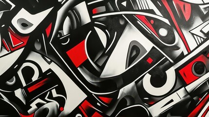 Abstract graffiti art featuring bold black, red, and white shapes and lines.