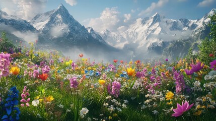 A vibrant meadow filled with colorful flowers and majestic mountains in the background.
