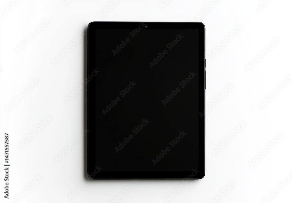 Aufkleber a black tablet computer with a blank screen sits on a white surface, offering a clean and modern aes