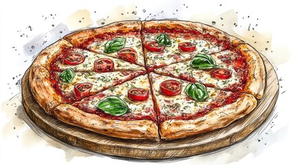 Hand-drawn illustration of a delicious pizza on a wooden board.