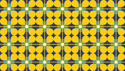 Bright yellow circular geometric pattern with bold navy blue grid lines. A modern and retro-inspired seamless design ideal for backgrounds, textile prints, wallpapers, and bold graphic projects