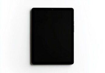 A black tablet computer with a blank screen sits on a white surface, offering a clean and modern aesthetic perfect for showcasing apps or designs. : Generative AI