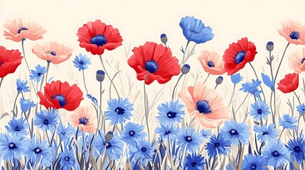 Red with Pink, and Blue Poppies Meadow.