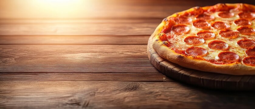 Delicious pepperoni pizza on a rustic wooden surface.