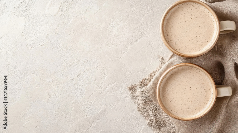 Poster two mugs of creamy latte art rest on a beige linen napkin atop a textured off-white surface, offerin