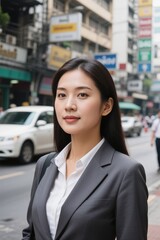 Naklejka premium woman in business suit standing on sidewalk in city with cars