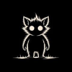 Vector silhouette of a furry fantasy creature with glowing round eyes, standing on a dark background. 