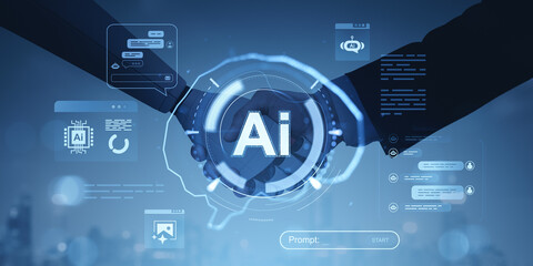 Business handshake with AI technology interface and digital chat icons overlayed.