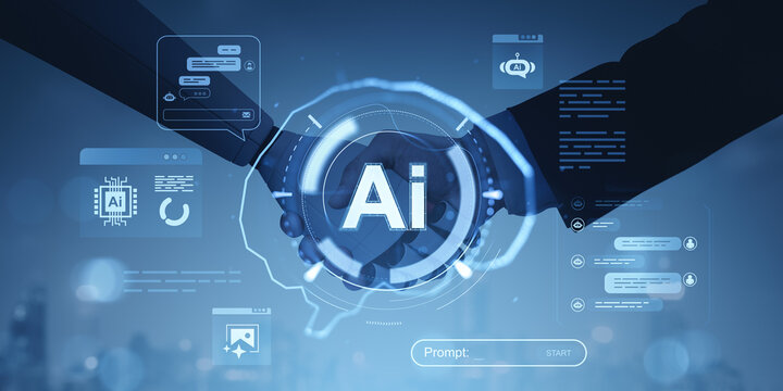 Business handshake with AI technology interface and digital chat icons overlayed.