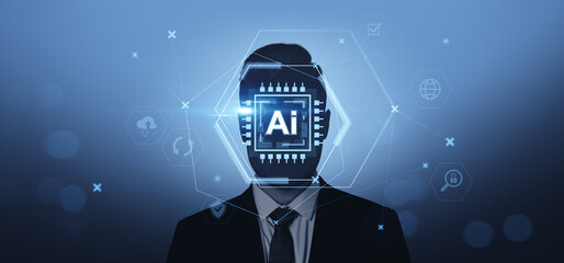 Human figure with AI chip interface on face in tech concept back