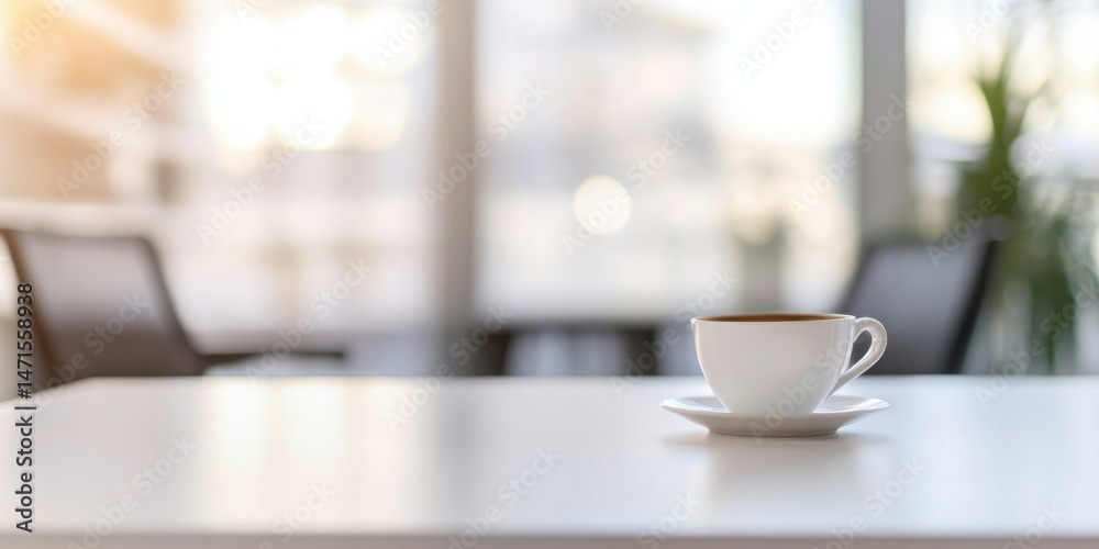 Poster a single cup of coffee sits on a white table in a bright, modern office setting, with blurred backgr