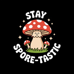 Cute kawaii mushroom cartoon with smiling face and text 