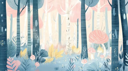 A whimsical forest scene with pastel colors, featuring trees, mushrooms, and foliage.