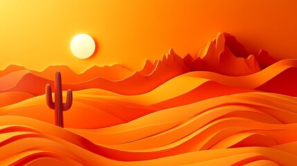 Sunset Desert with Cactus, and Mountains.