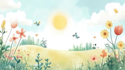 A serene landscape with flowers, a bright sun, and a figure enjoying nature.