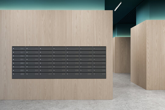 Modern interior mailroom with numbered wall-mounted mailboxes and wooden panel design in a clean architectural space with teal ceiling accents. 3D Rendering