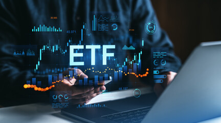 ETF investment analysis on digital screen with trading chart and tech interface..
