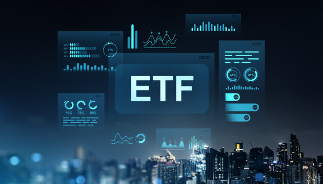 ETF financial data interface on futuristic digital screen above night cityscape.