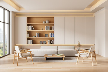 Modern minimalist living room interior with light wood furniture, built-in shelving, and neutral tones in a bright cozy apartment space. 3D Rendering