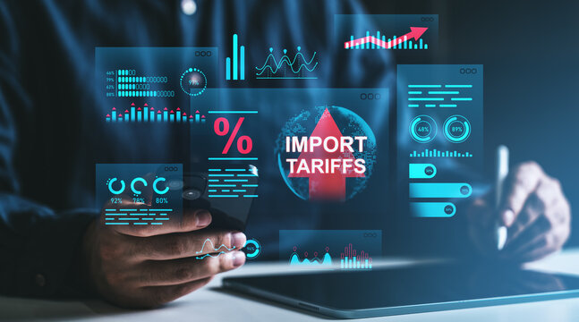 Import tariffs increasing concept with futuristic data graphs and economic growth indicators on digital screen background during trade war discussion.