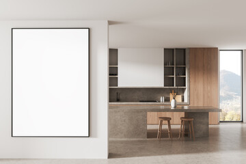 Modern kitchen interior with large blank poster mockup on white wall, clean minimalist design, wooden and stone elements, natural light concept. 3D Rendering
