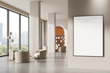 Modern interior lounge area with city view, minimalist furniture, large blank frame on wall, and soft neutral tones in a stylish open space. 3D Rendering