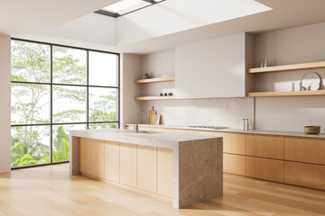 Modern minimalist kitchen interior with wood cabinetry, large windows, and natural lighting in serene neutral tones and clean architectural lines. 3D Rendering