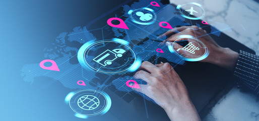 Logistics and transportation management concept with global tracking interface overlayed.