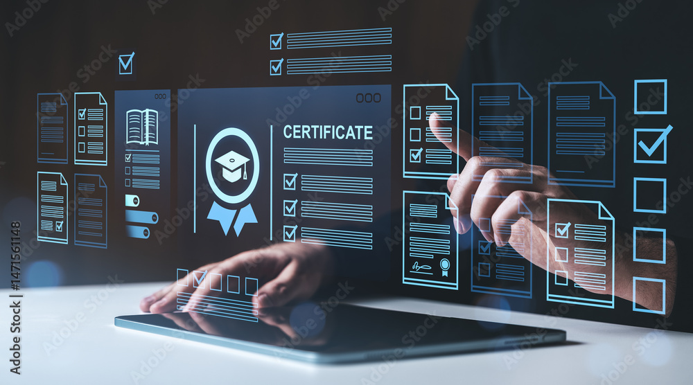 Aufkleber digital certificate interface with checklist and documents on virtual screen display.