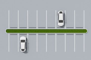 Top view of minimal parking lot with two white cars and green divider on clean grey surface, illustrating urban design and efficiency concept. 3D Rendering © ImageFlow