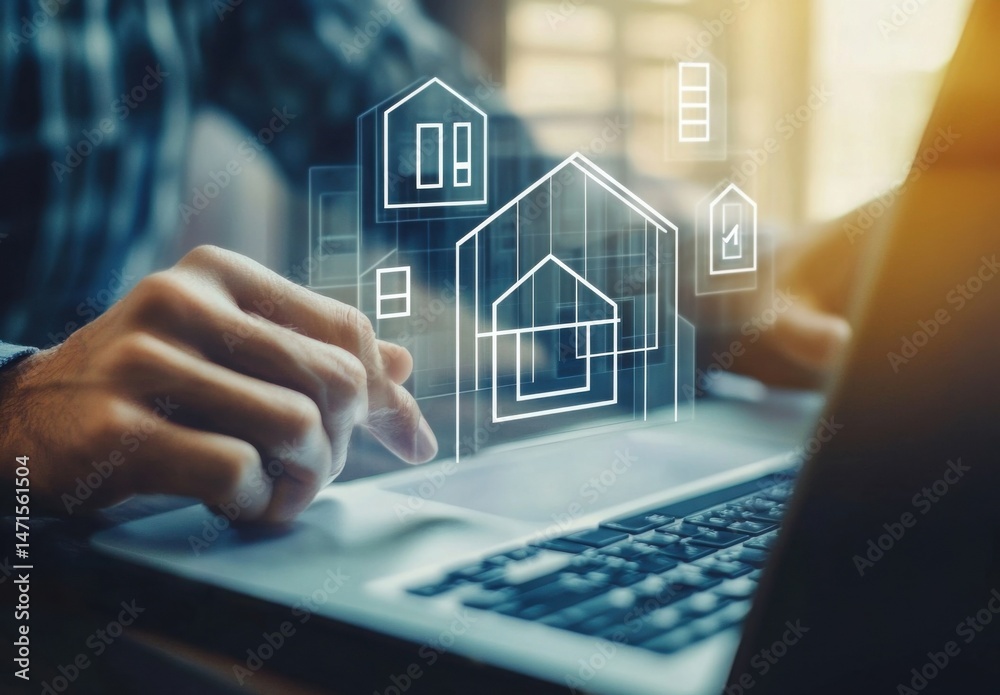 Poster person using laptop, digital house models appear above the keyboard, showcasing modern real estate t