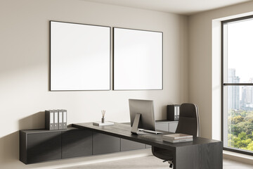 Modern office interior with minimalist decor and two large blank framed posters on wall above a clean desk near window in high-rise building. 3D Rendering
