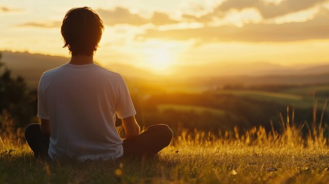 Silhouette of a man meditating at sunset, overlooking a serene landscape of rolling hills and golden grass.  Peaceful and contemplative scene. : Generative AI