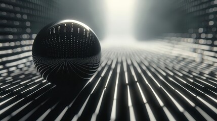 A reflective sphere amidst a grid of light and shadows, creating a futuristic ambiance.